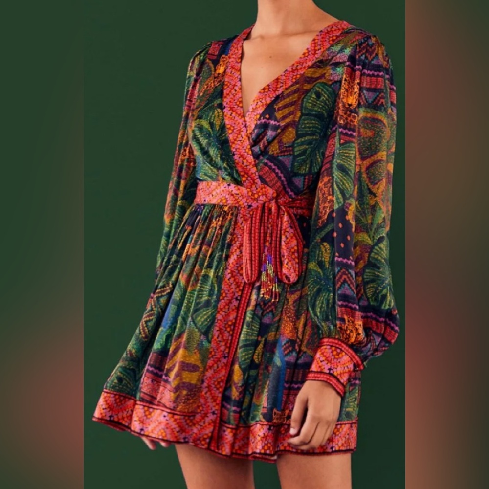 FARM RIO FOREST TAPESTRY LONG SLEEVE WRAP DRESS MULTICOLOR